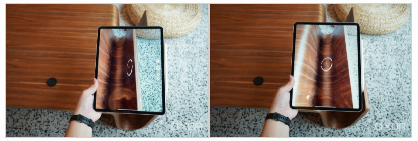 Máy quét LIDAR của iPad Pro 2021 (bên phải)  có thể phát hiện chính xác diện tích bề mặt cong của bàn gỗ.