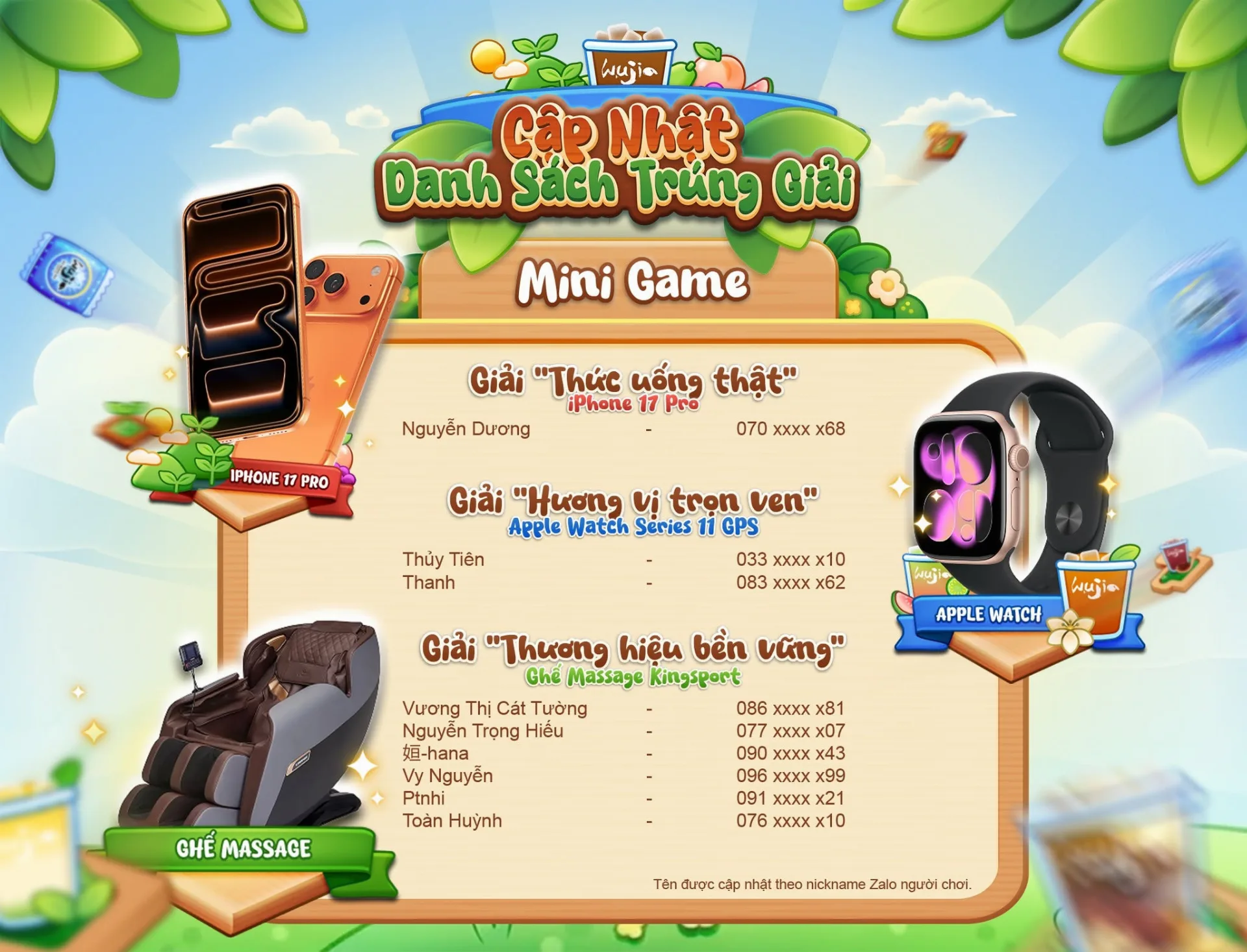 May be an image of ‎text that says '‎Nuji Cp Nhật Danh Sách Trúng Giải Mini Game Giải "Thức uống thật" iPhone 17 Pro Nguyễn Dương IPHONE PRO 070 xxxx 68 Giải "Hương vị trọn ven" Apple Watch Series 11 GPS Thùy Tiên Thanh 033 XXXX x10 083 χXXX x62 ازباي ازبنة APPLE APPLEWATCH WATCH Giải "Thương hiệu bền vũng" Ghe Massage Kingsport Vưrong Thị Cát Tưởng 086 xxxx x81 Nguyễn Trọng Hiểu 077 XXXX x07 姫-hana XXжX Vy Nguyễn Ptnhi Toàn Huỳnh GHỂ HỂMASSAGE MASSAGE 091 091 x21 076 xxXX 10 Tên ดันอด cap nhật theo nickname Zalo người chơi.‎'‎