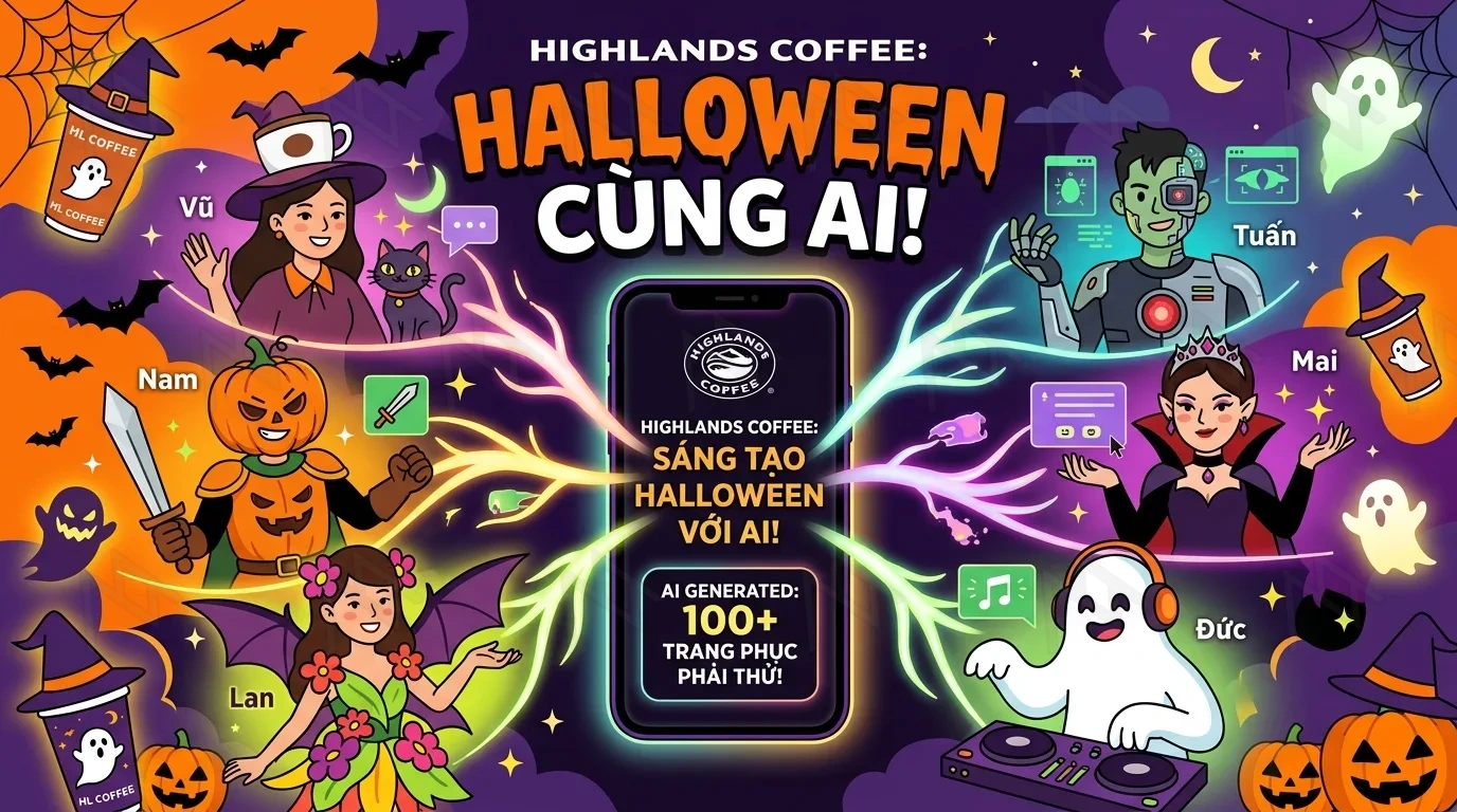 Generate a thumbnail image for a Vietnamese brand like Highland Coffee, with diverse users interacting with AI-generated personalized costumes and digital characters, meaning a phone screen radiating multiple branches of users with AI-generated images, in a 2D flat style animation minimalism Halloween style.