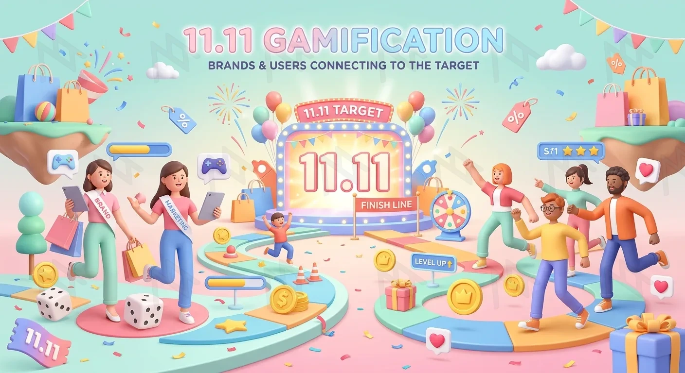 11.11 shopping festival targeted by marketing, brands, and users in a 3D pastel style.