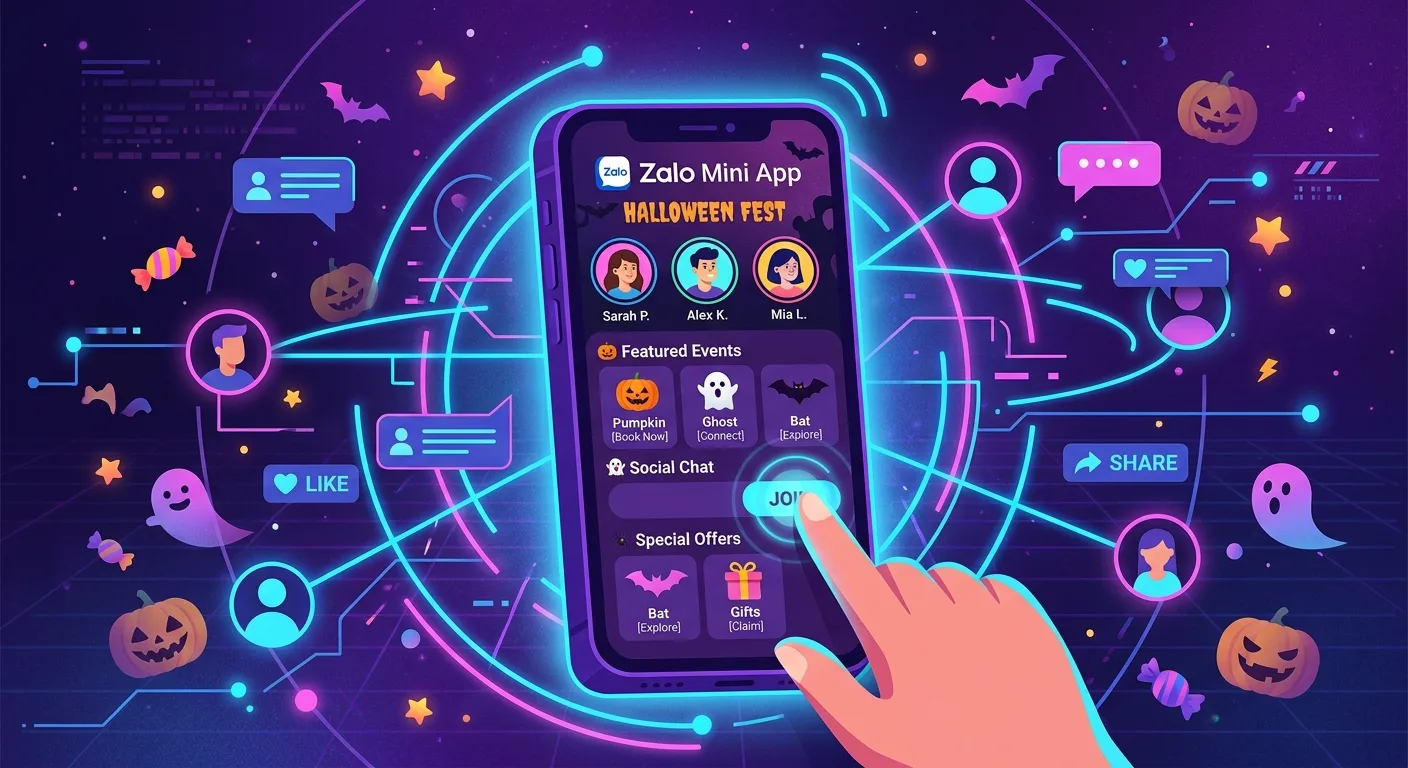 Stylized Zalo Mini App with Halloween elements and network connectivity