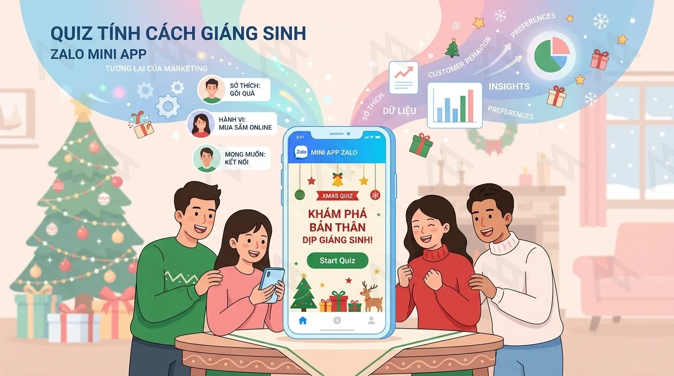 Generate a 16:9 image in 2D animation art style with the following content: Imagine launching an engaging Christmas Personality Quiz on Zalo Mini App that is not only entertaining but also reveals invaluable insights into customer preferences, behaviors, and desires. This is the future of data-driven marketing, where interaction seamlessly blends with valuable intelligence. Place Zalo Mini App at the center, follow a Flat Style with simple, uncluttered imagery, and use bright pastel colors.