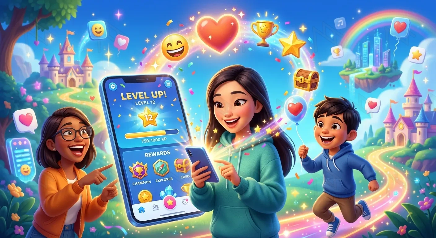 Please generate an image for me about gamification that targets user emotions, in a Disney 3D style with bright colors, just an illustration with no or few words.