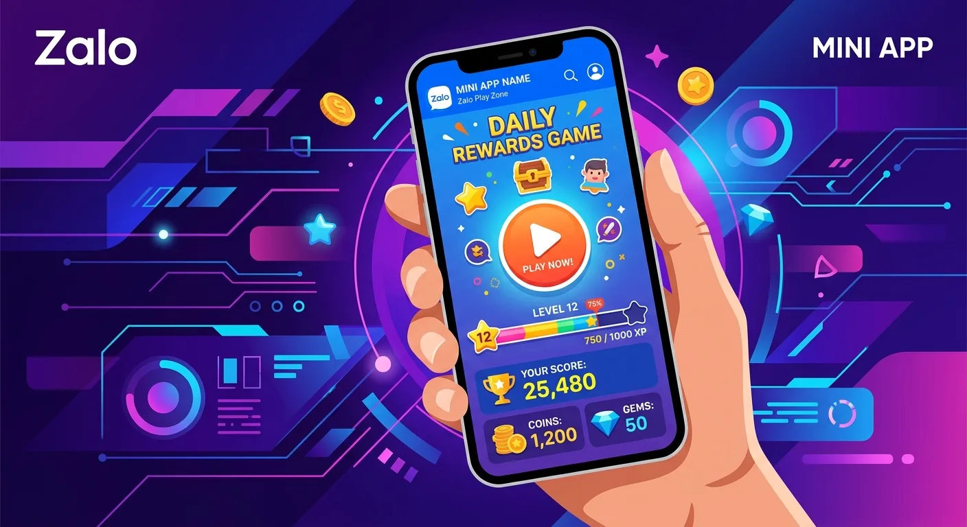 Điện thoại thông minh hiển thị Zalo Mini App với các yếu tố gamification như nút play và thanh tiến độ.