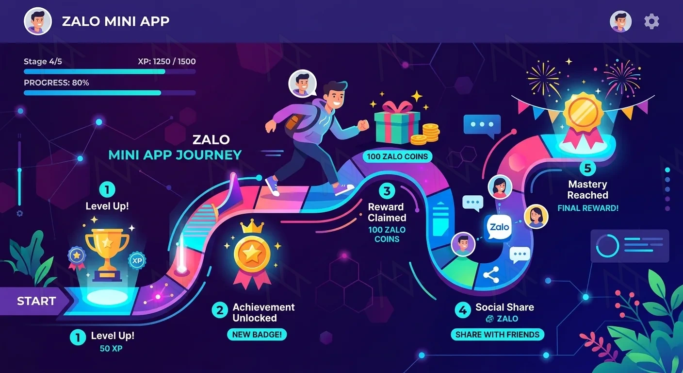 Illustration of users progressing through a Zalo Mini App loyalty journey with various milestones and rewards.