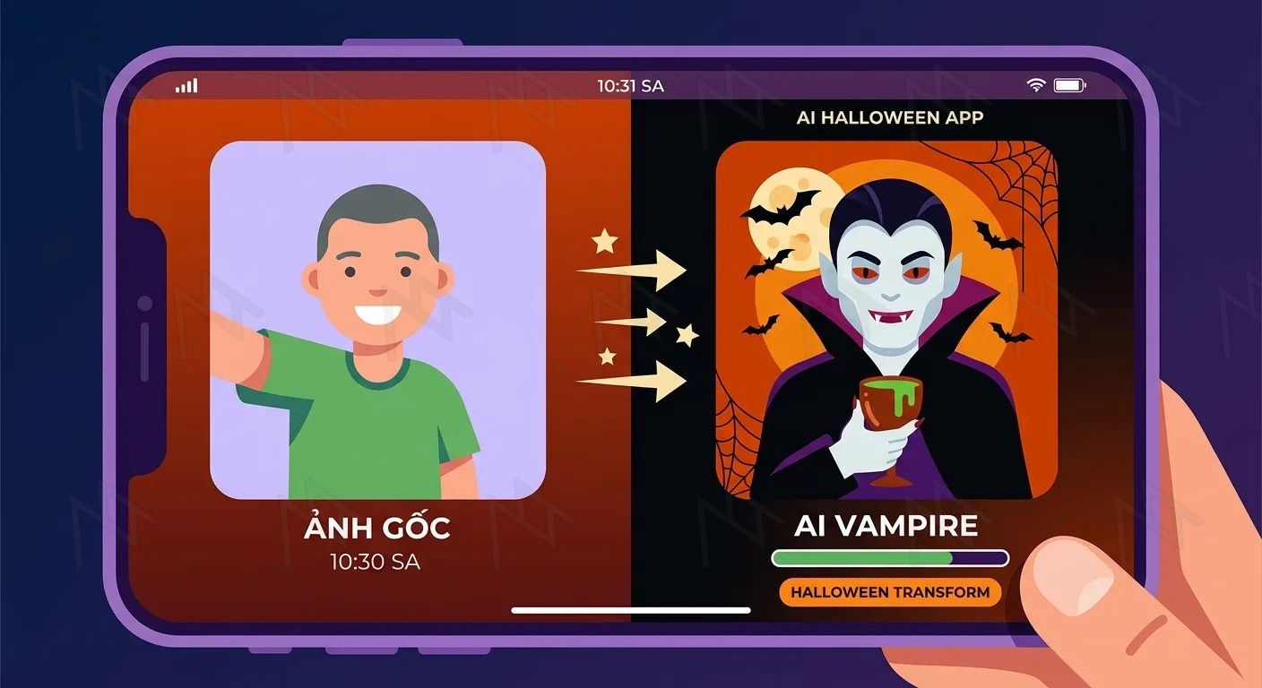 Generate an image for me of a user taking a photo, with the result being a Halloween theme combined with AI generation transforming the user into a vampire on a mobile app, in a 2D Flat Animation Minimalism Halloween Color Style.