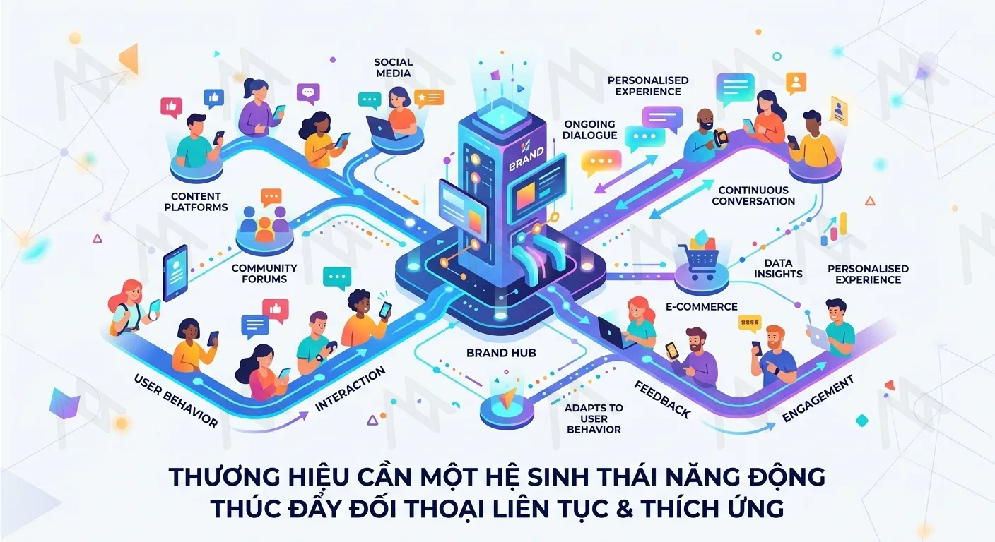 Brands need more than a digital "billboard"; they need a dynamic ecosystem that adapts to user behavior and fosters continuous dialogue. Generate an illustration depicting this, with beautiful, minimalist but not overly minimalist colors.
