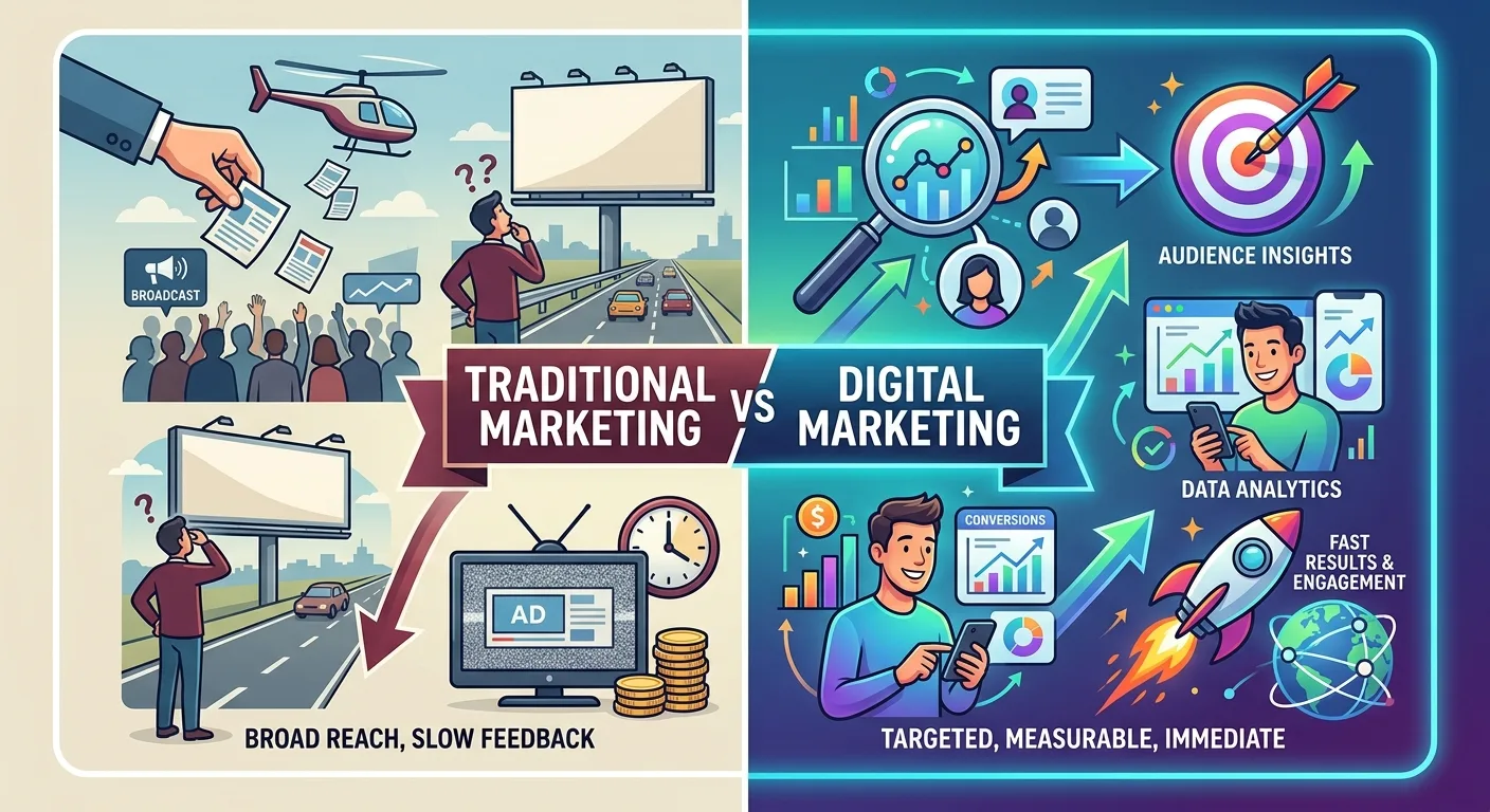 Generate for me a picture saying that why traditional marketing is losing from digital marketing. Less words and letters, more picture to show