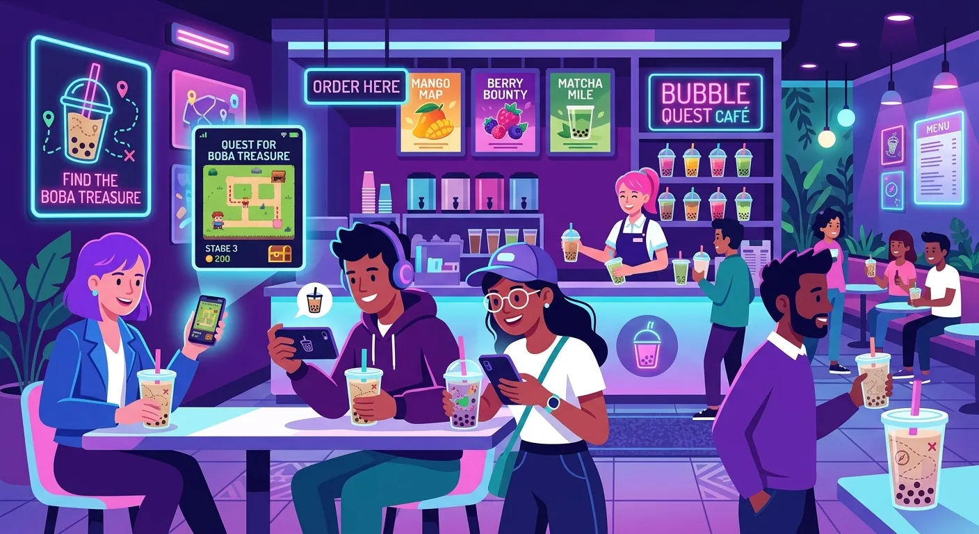 Khách hàng tương tác với Zalo Mini App gamified của một thương hiệu trà sữa, thể hiện cuộc săn kho báu kỹ thuật số trên điện thoại của họ.