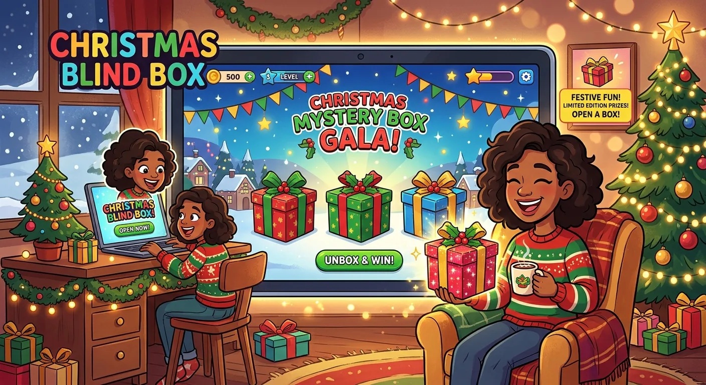 With the 2D animation style with colorful colors, generate for me a pic of Blind Box Gamification online during Christmas season is what brand needs, remember this is illustration, so đặc biệt ít chữ