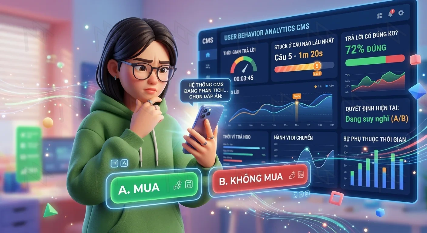 Generate an illustration of a user holding a phone and thinking. In the background, there's a CMS data system analyzing user behavior: how long they take to answer, which questions they get stuck on, whether they answer correctly, and other data. The user is pondering between answers A. Buy and B. Don't Buy, in a 3D art style.