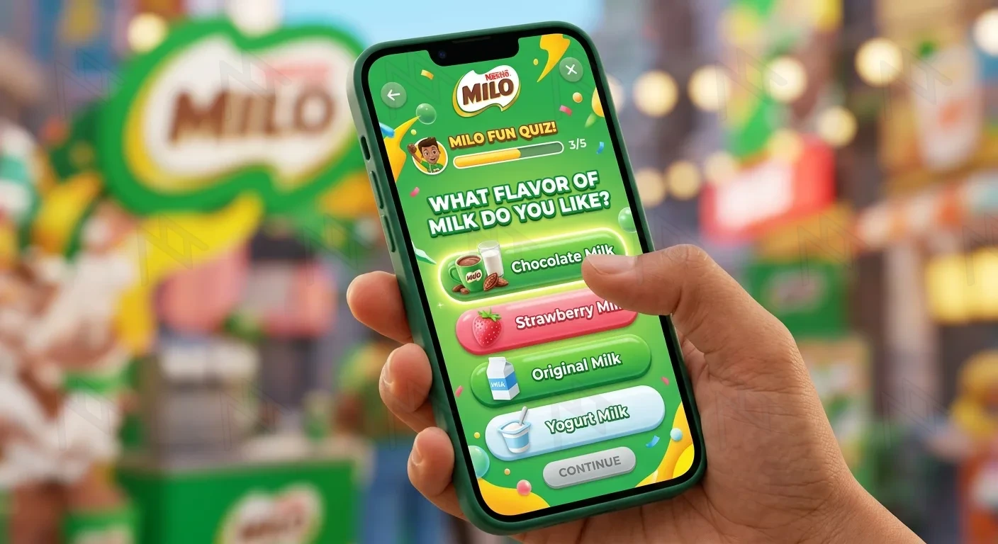 Generate a simple image about a Quiz: The quiz question is 'What flavor of milk do you like?' The answers will be Chocolate Milk, Strawberry Milk, Original Milk, Yogurt Milk, displayed on a phone interface that the user is interacting with. This survey is for the Milo brand, so add the brand form. Amazing 3D style and colors.