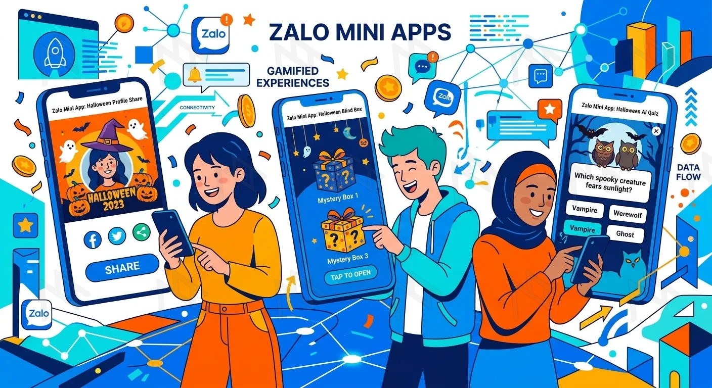 Users interacting with various gamified Zalo Mini Apps.